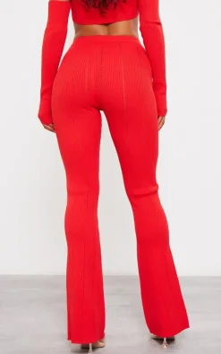 Discount PrettyLittleThing Rib Knit Fla Pants Red