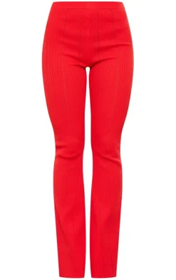 Discount PrettyLittleThing Rib Knit Fla Pants Red