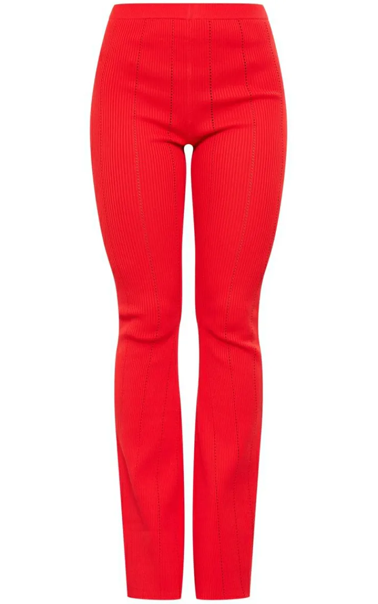 Discount PrettyLittleThing Rib Knit Fla Pants Red