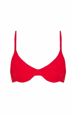 Red Textured Floral Underwired Bikini Top
