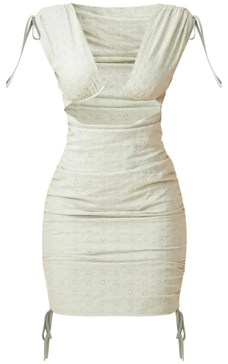 Broderie Anglaise Plunge Cut Out Ruched Bodycon Dress-PrettyLittleThing Online
