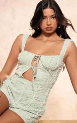 Sage Green Dobby Textured Underwired Sleevless Romper