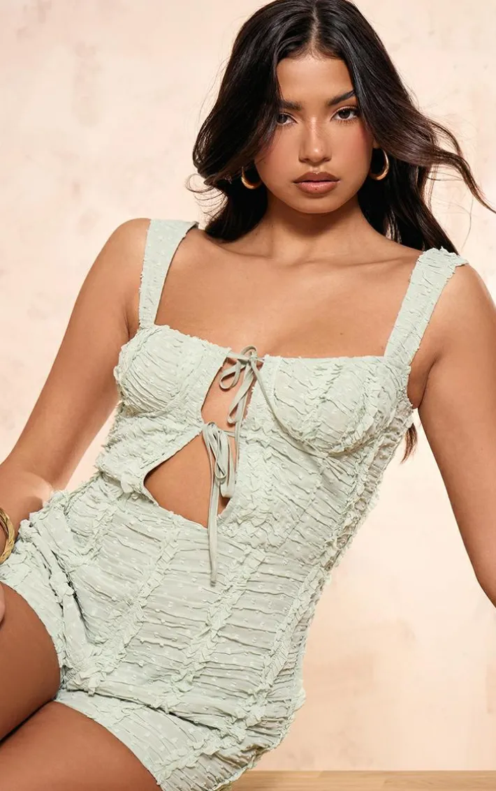 Sage Green Dobby Textured Underwired Sleevless Romper