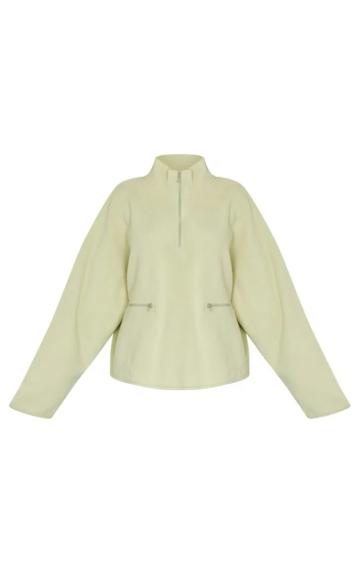 Sage Green Fleece Quarter Zip Pocket Detail Sweatshirt