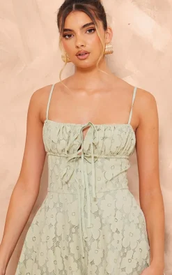 Sage Green Floral Lace Strappy Floaty Romper