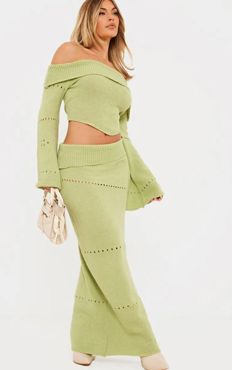 Hot PrettyLittleThing Fold Over Knit Maxi Skirt Sage Green