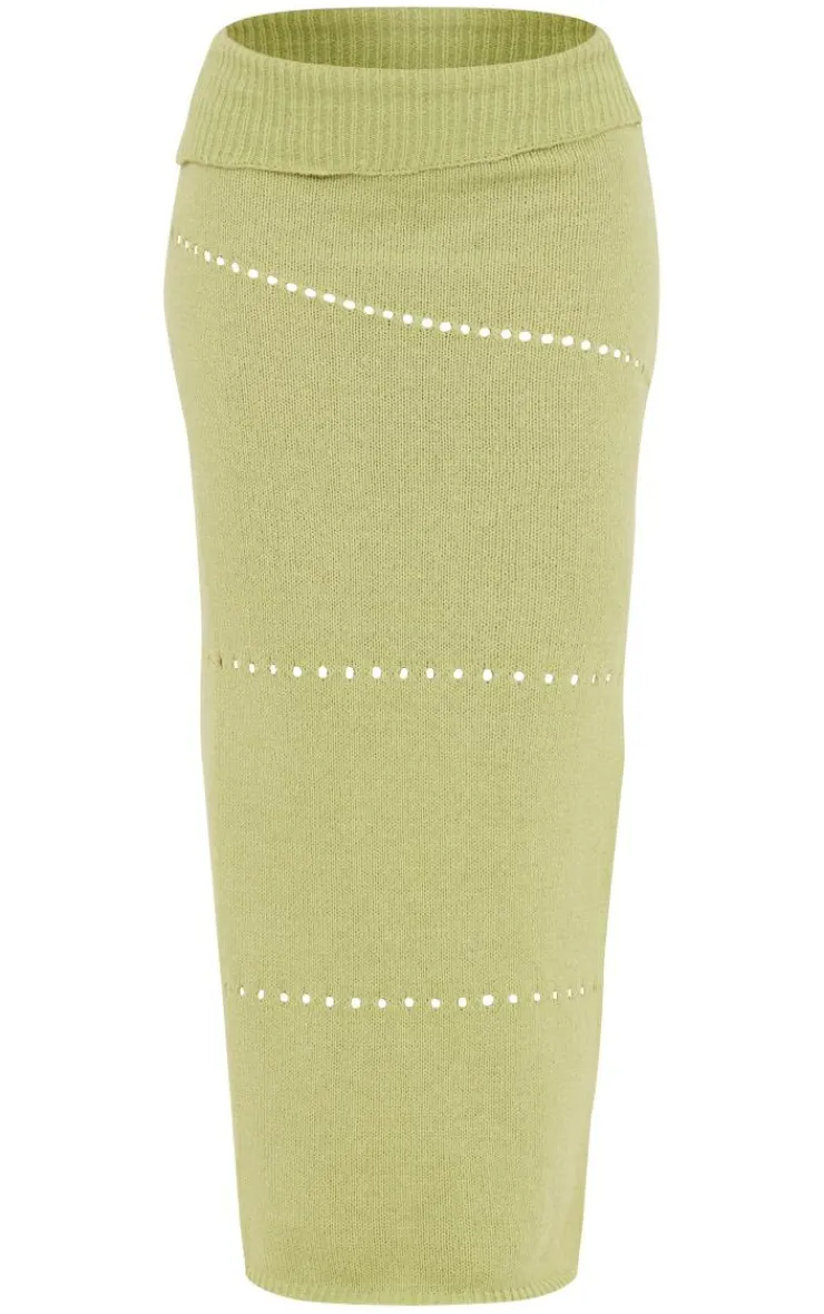 Hot PrettyLittleThing Fold Over Knit Maxi Skirt Sage Green