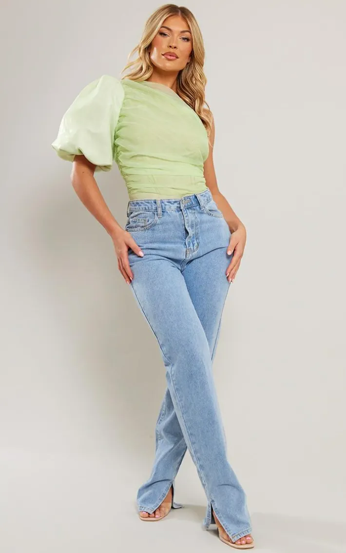 Sage Green Organza Detail One Shoulder Bodysuit