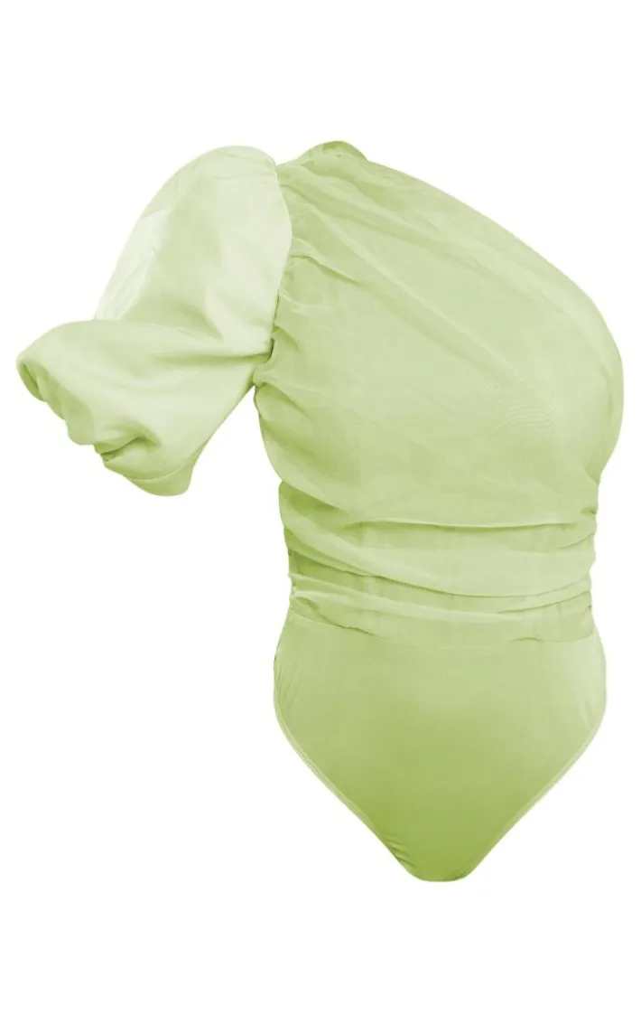 Sage Green Organza Detail One Shoulder Bodysuit