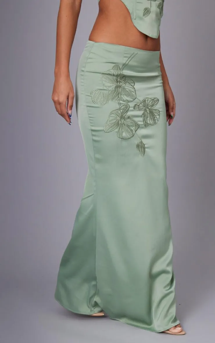 PrettyLittleThing Satin Floral Embroidered Midaxi Skirt Sage Green