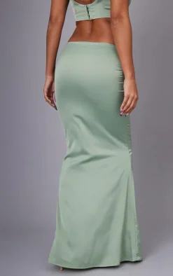 PrettyLittleThing Satin Floral Embroidered Midaxi Skirt Sage Green