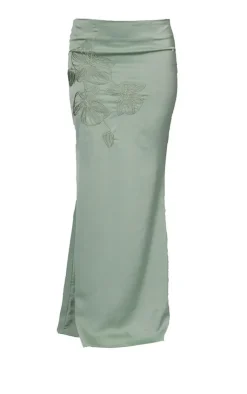 PrettyLittleThing Satin Floral Embroidered Midaxi Skirt Sage Green