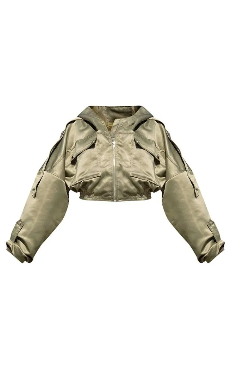 PrettyLittleThing Bomber Jackets*Satin Oversized Hooded Pocket Bomber Jacket
