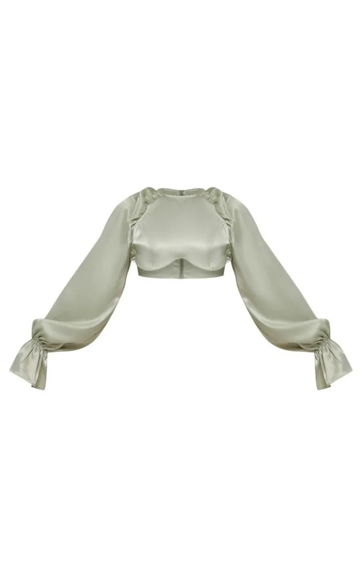 Sale PrettyLittleThing Satin Underwired Puff Sleeve Crop Top Sage Green