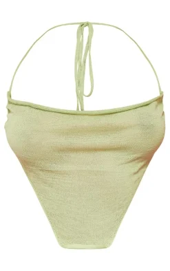 PrettyLittleThing Sheer Knit Beach Cowl Neck Crop Top Sage Green