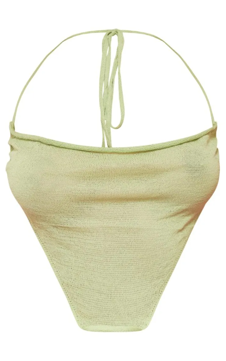 PrettyLittleThing Sheer Knit Beach Cowl Neck Crop Top Sage Green