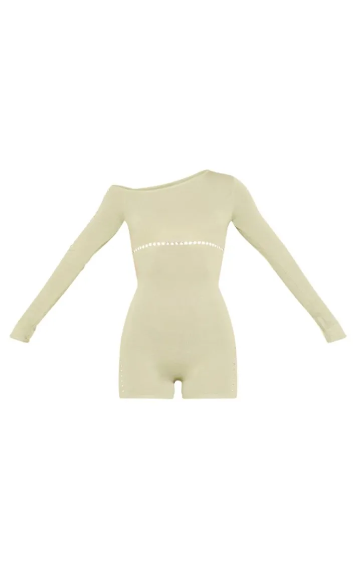 Sage Green Sheer Knit Cut Out Detail Romper