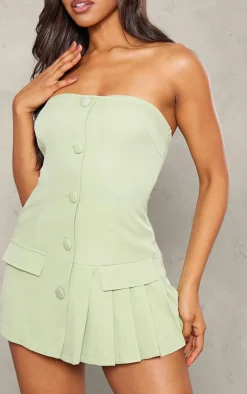 Sage Green Tailored Pleat Detail Bandeau Skort Romper