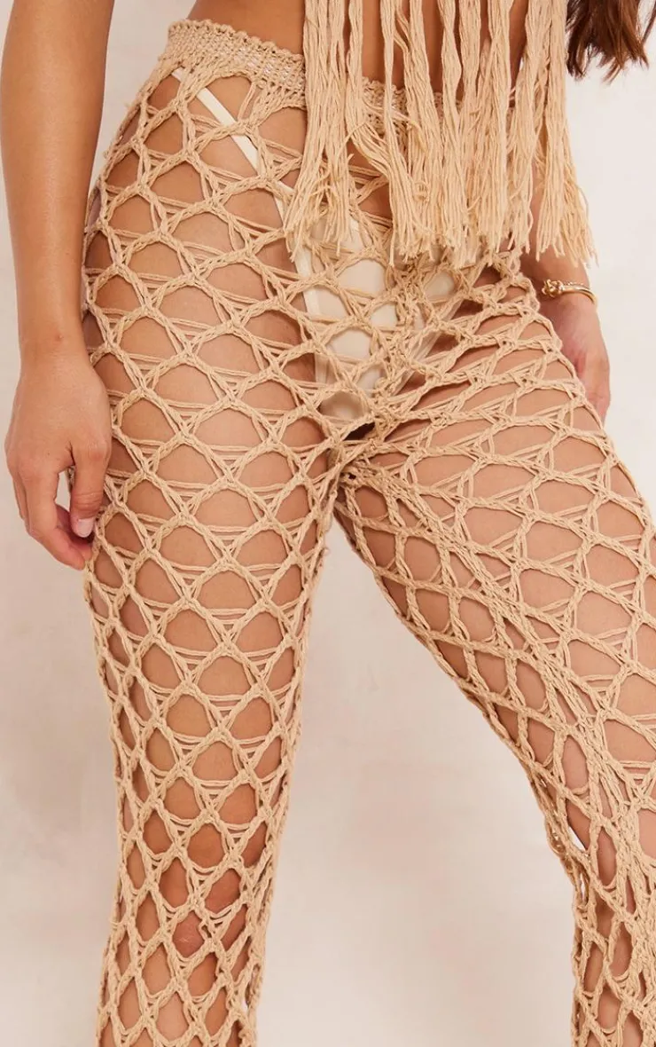 Best PrettyLittleThing Crochet Netted Tassel Belt Pants Sand