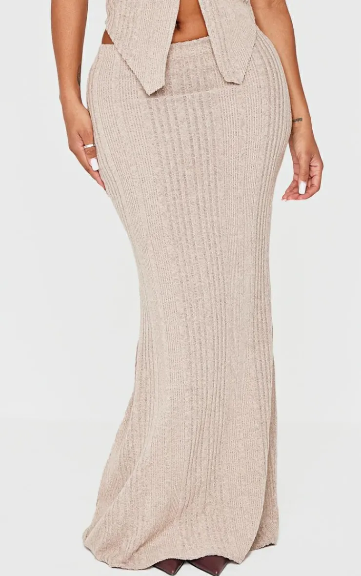 New PrettyLittleThing Shape Brushed Rib Fishtail Maxi Skirt Beige