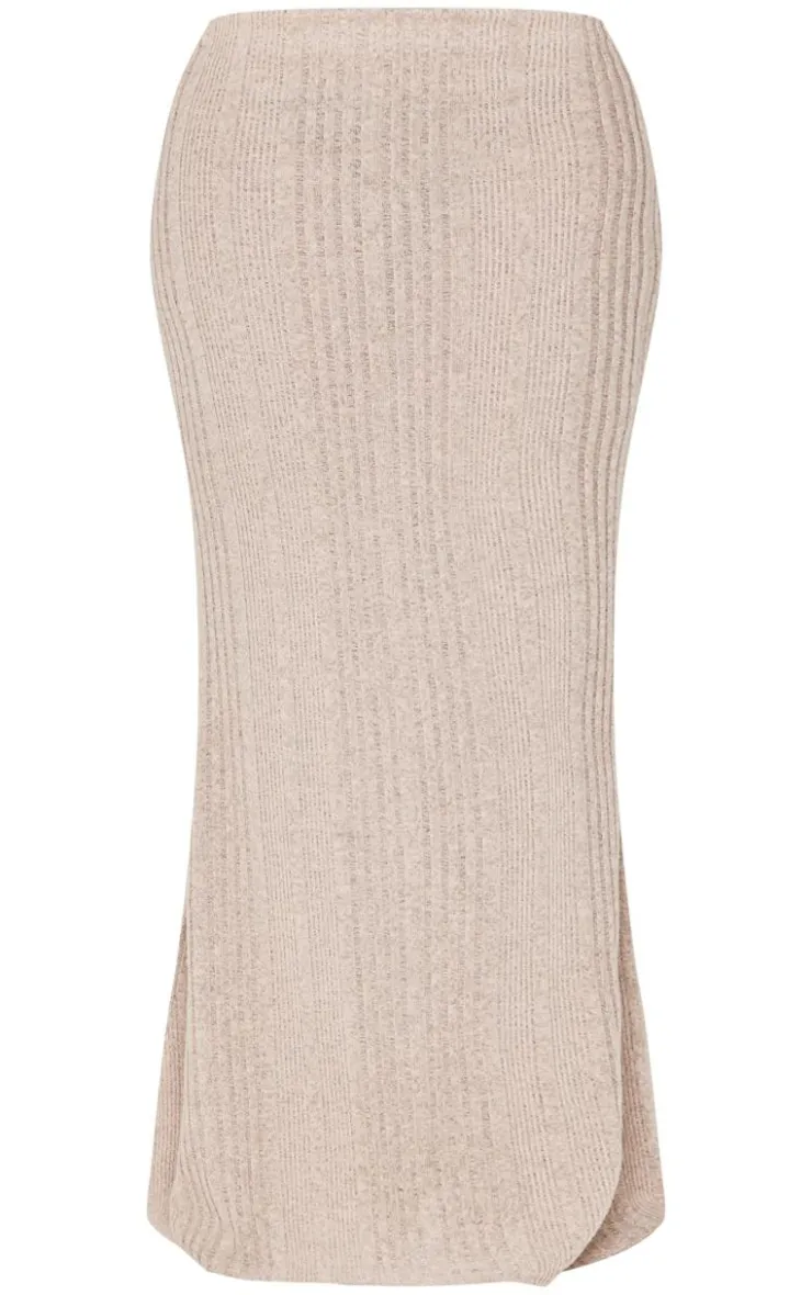 New PrettyLittleThing Shape Brushed Rib Fishtail Maxi Skirt Beige