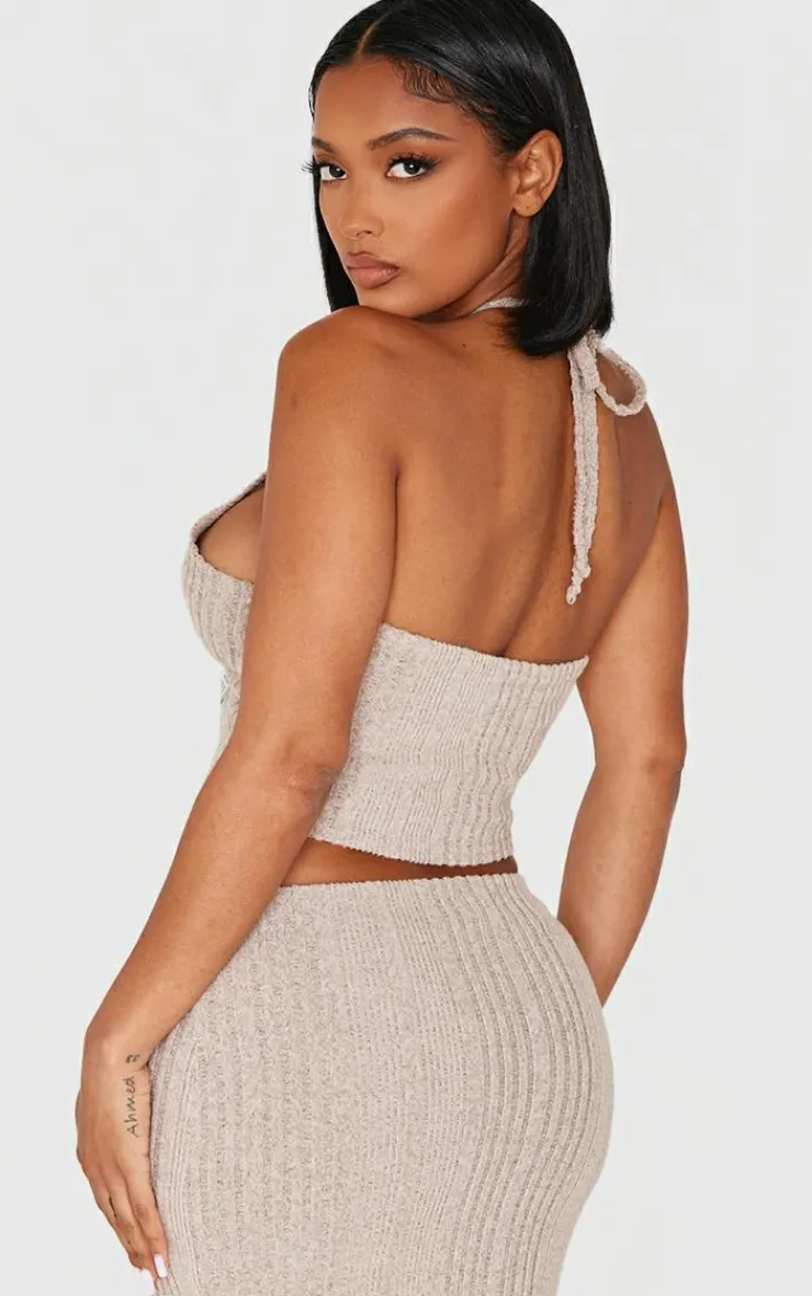 Clearance PrettyLittleThing Shape Brushed Rib Halter Neck Top Beige