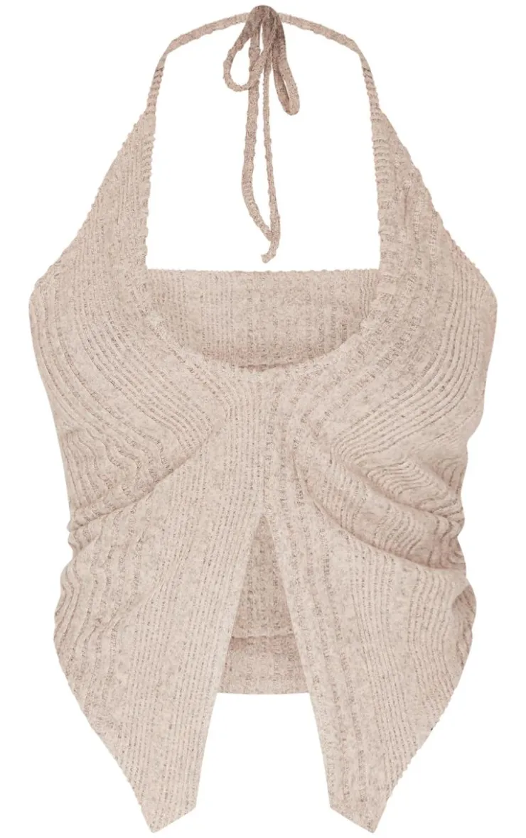 Clearance PrettyLittleThing Shape Brushed Rib Halter Neck Top Beige