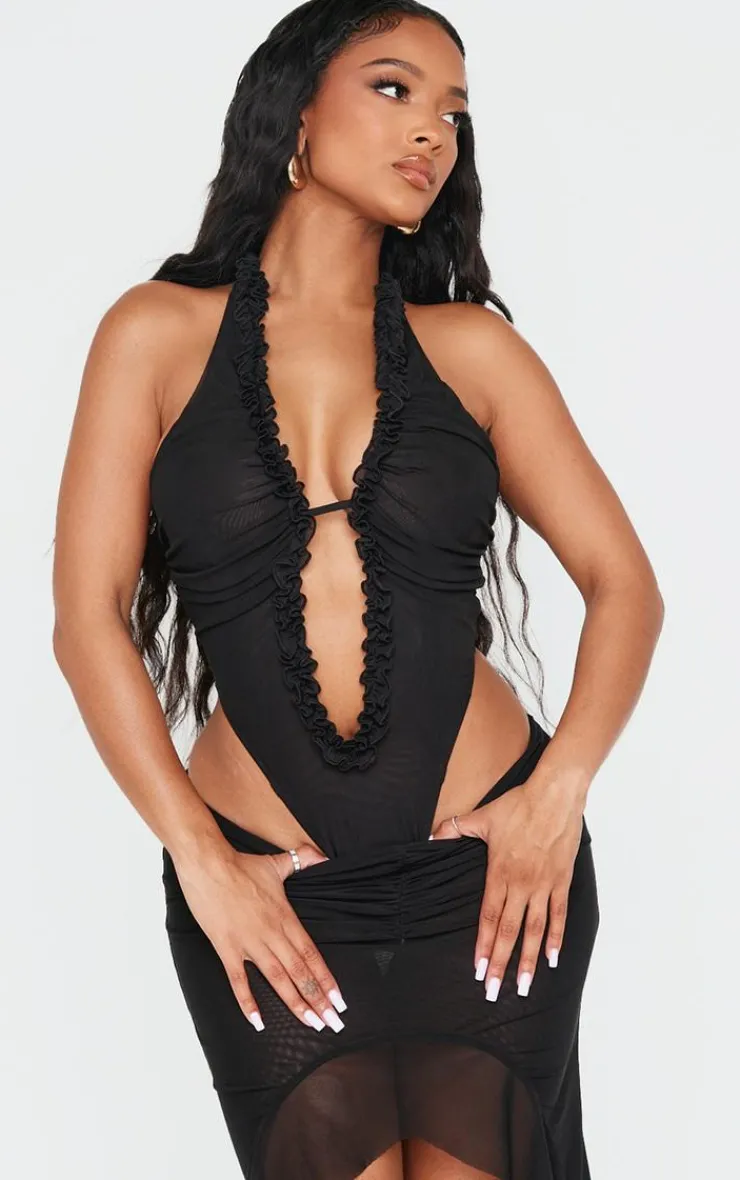 Shape Deep Plunge Halter Neck Frill Edge Bodysuit-PrettyLittleThing New