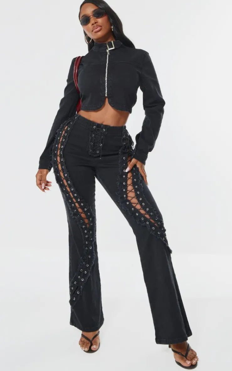 Discount PrettyLittleThing Shape Denim Lace Up Detail Flare Jeans Black