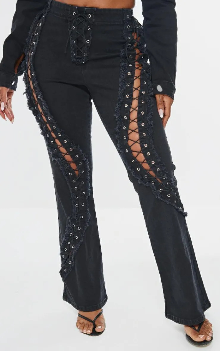 Discount PrettyLittleThing Shape Denim Lace Up Detail Flare Jeans Black