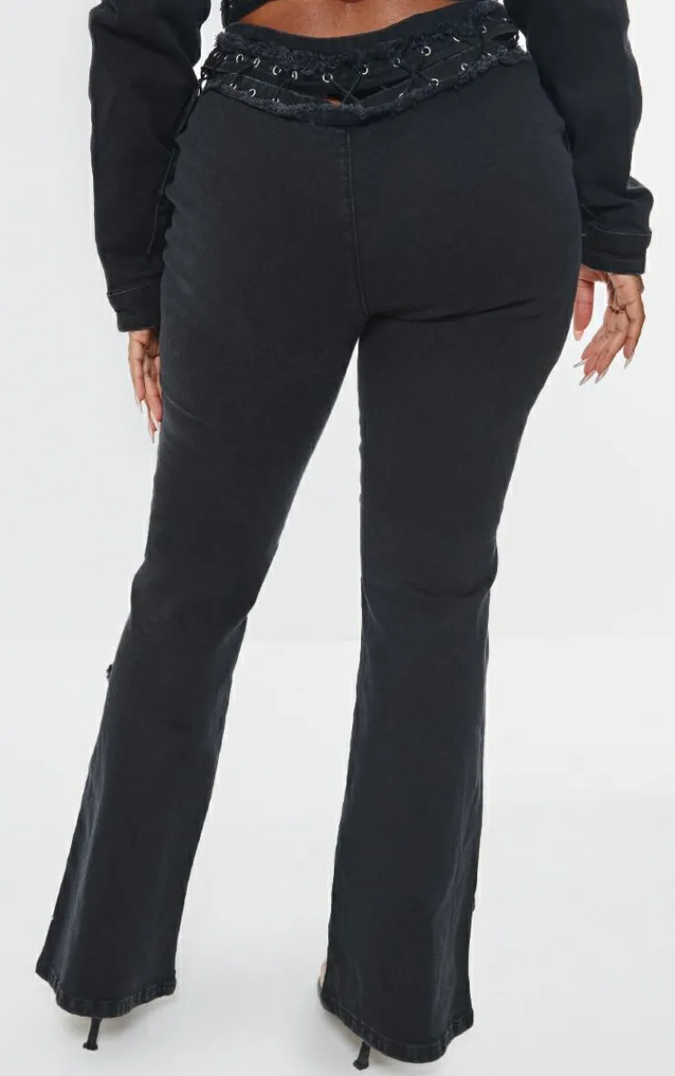 Discount PrettyLittleThing Shape Denim Lace Up Detail Flare Jeans Black