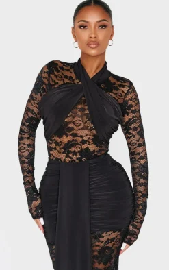 Online PrettyLittleThing Shape Drape Detail Lace Bodysuit Black