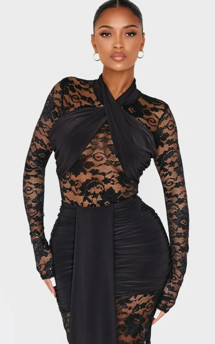 Online PrettyLittleThing Shape Drape Detail Lace Bodysuit Black
