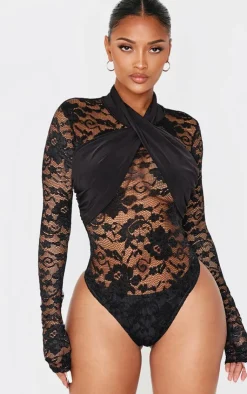 Online PrettyLittleThing Shape Drape Detail Lace Bodysuit Black
