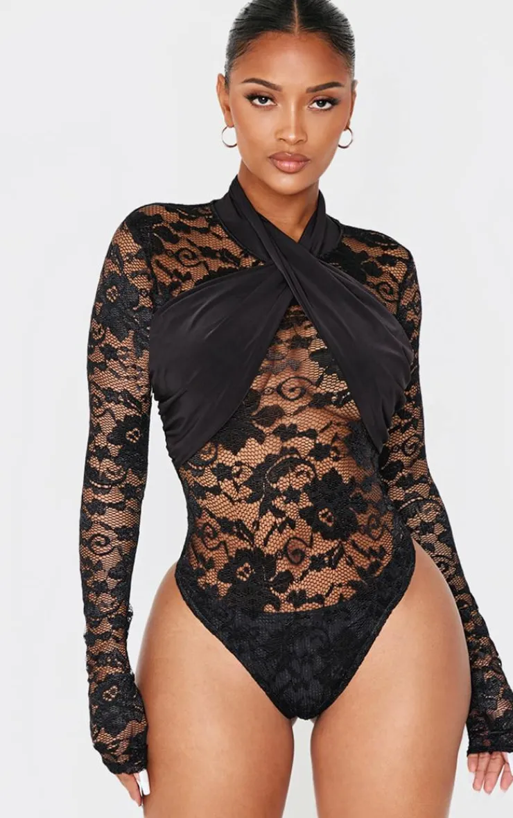 Online PrettyLittleThing Shape Drape Detail Lace Bodysuit Black