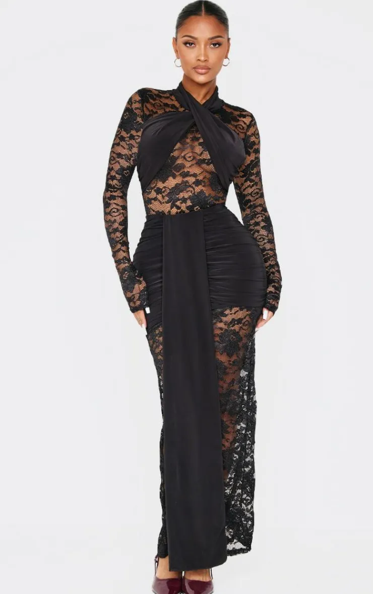Online PrettyLittleThing Shape Drape Detail Lace Bodysuit Black
