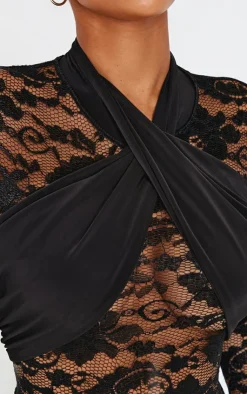 Online PrettyLittleThing Shape Drape Detail Lace Bodysuit Black