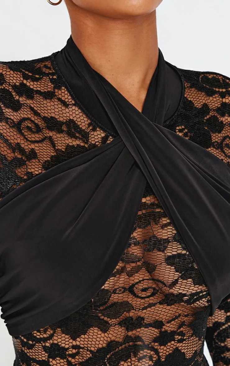 Online PrettyLittleThing Shape Drape Detail Lace Bodysuit Black