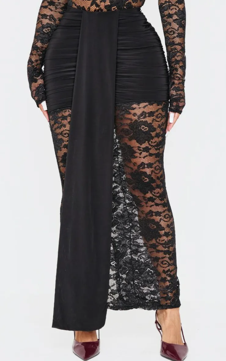 Clearance PrettyLittleThing Shape Drape Detail Lace Skirt Black