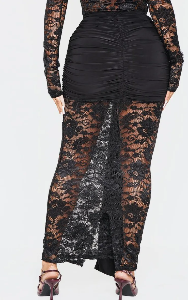 Clearance PrettyLittleThing Shape Drape Detail Lace Skirt Black