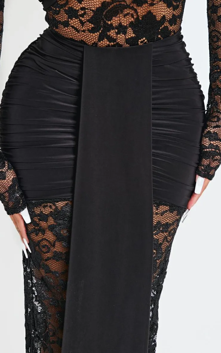 Clearance PrettyLittleThing Shape Drape Detail Lace Skirt Black