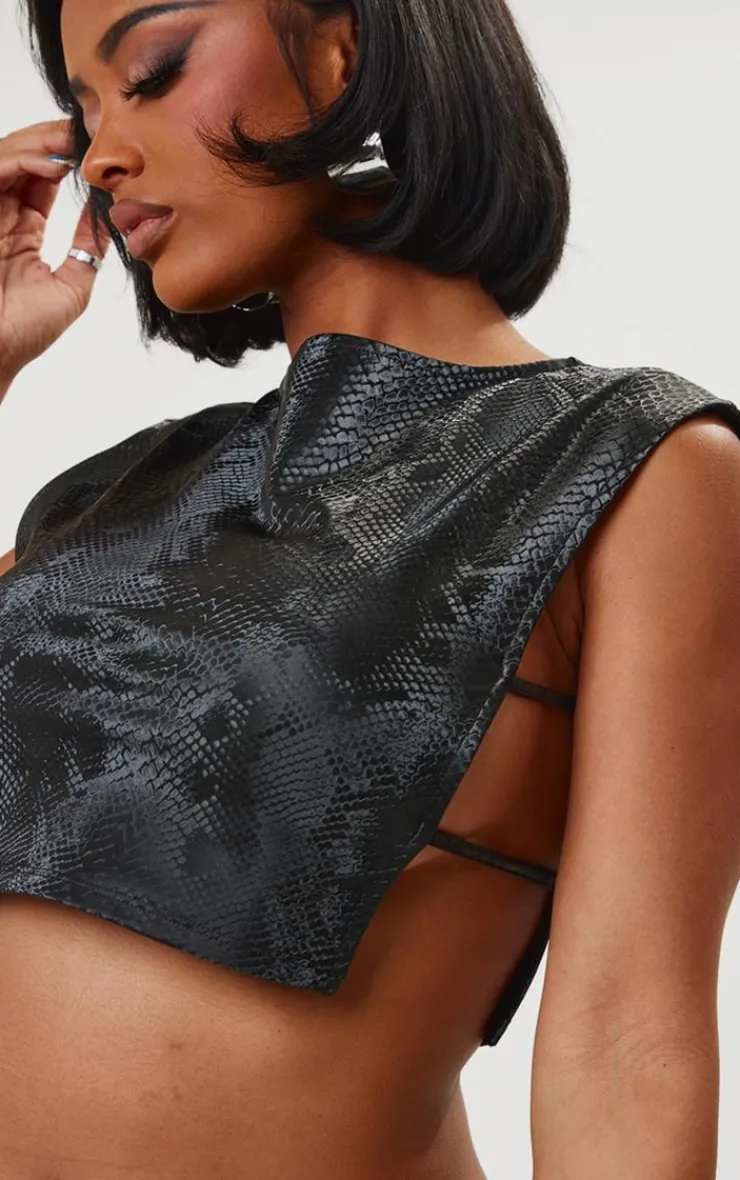 Hot PrettyLittleThing Shape Faux Leather Croc Printed Cut Out Top Black