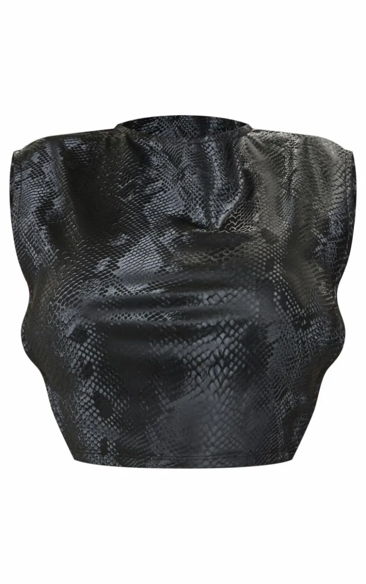Hot PrettyLittleThing Shape Faux Leather Croc Printed Cut Out Top Black