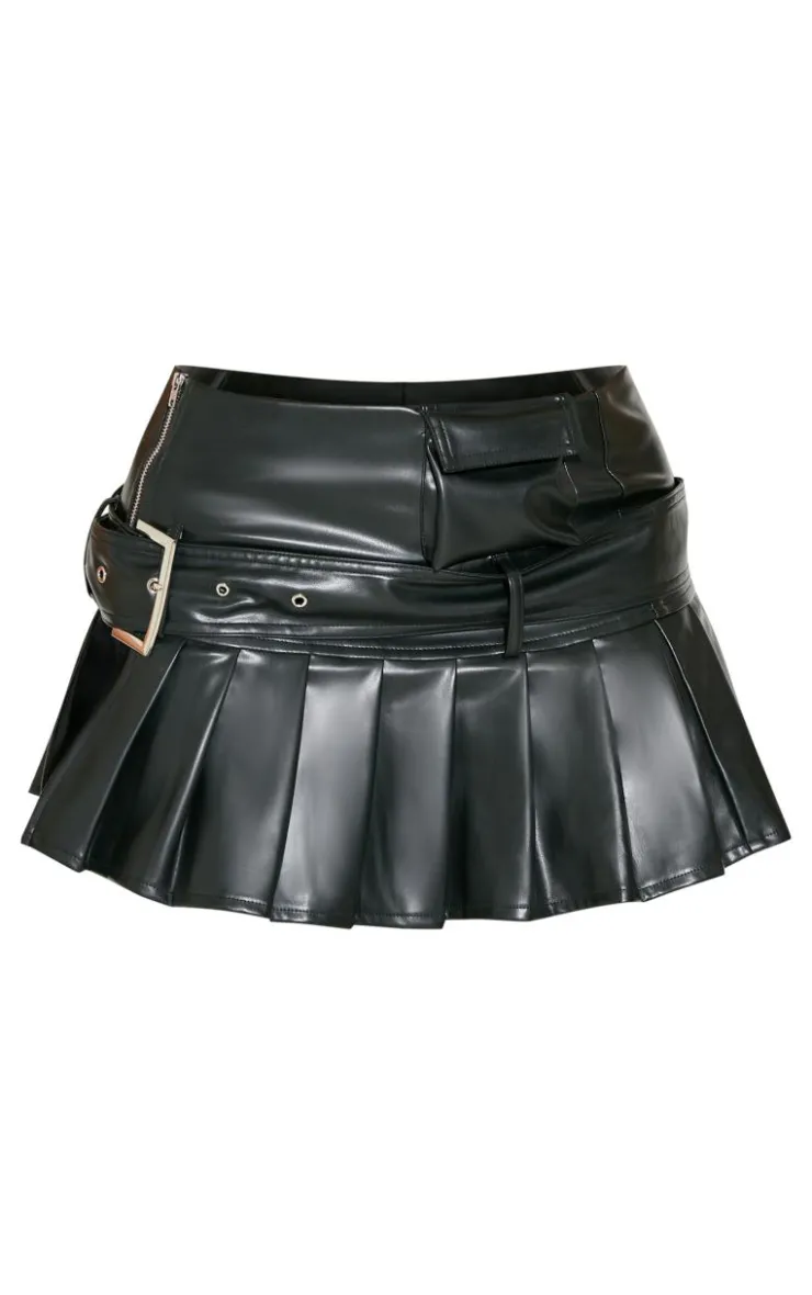 New PrettyLittleThing Shape Faux Leather Pleated Mini Skirt Black