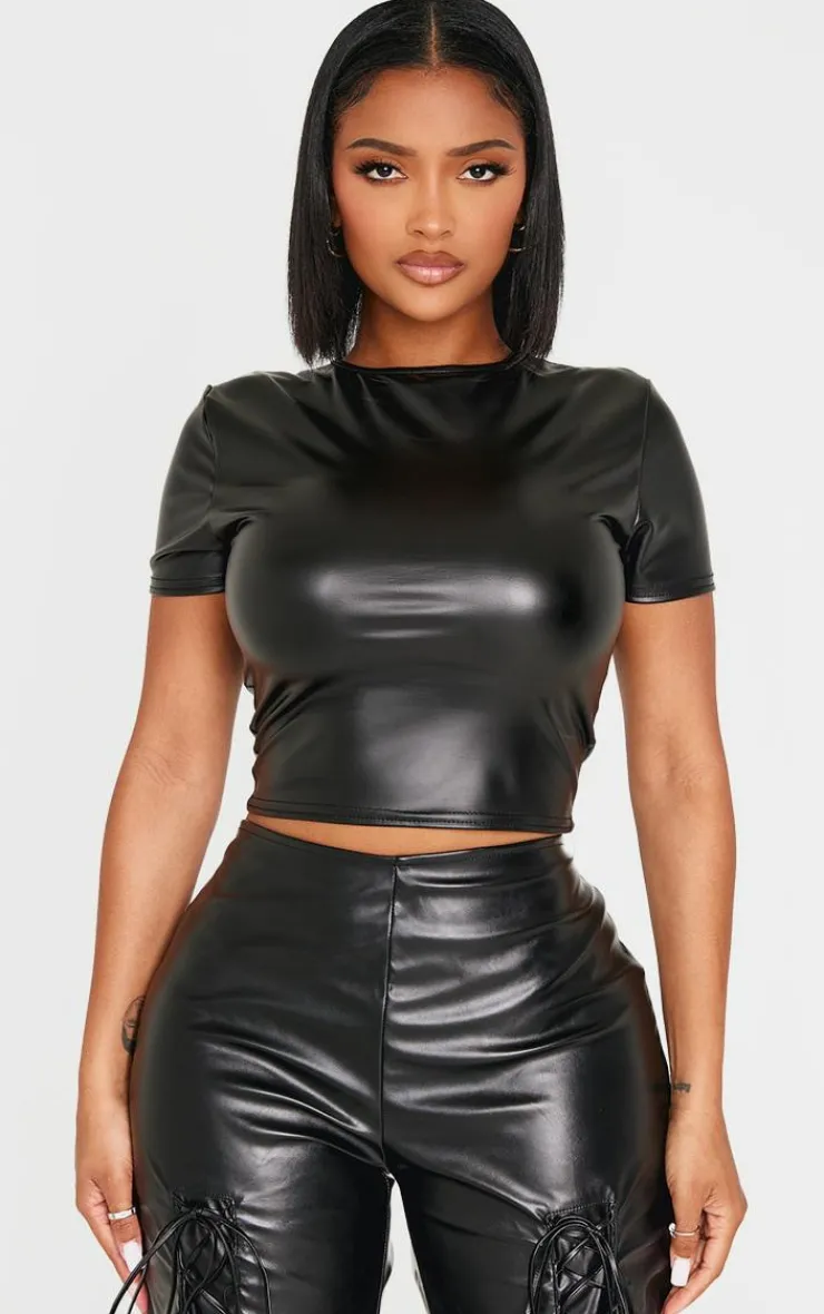 Hot PrettyLittleThing Shape Faux Leather Top Black