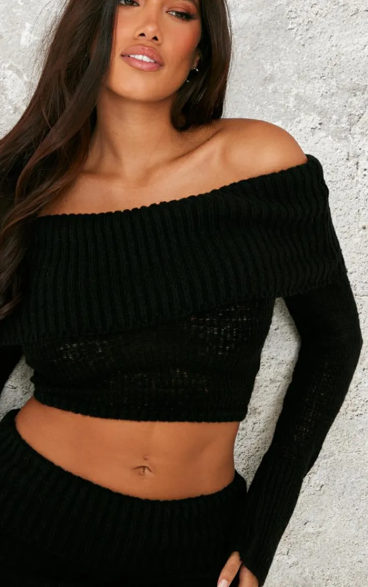 Online PrettyLittleThing Shape Fold Over Rib Knit Dipped Hem Top Black