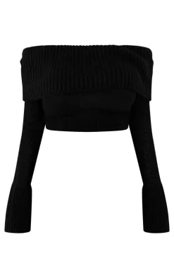 Online PrettyLittleThing Shape Fold Over Rib Knit Dipped Hem Top Black