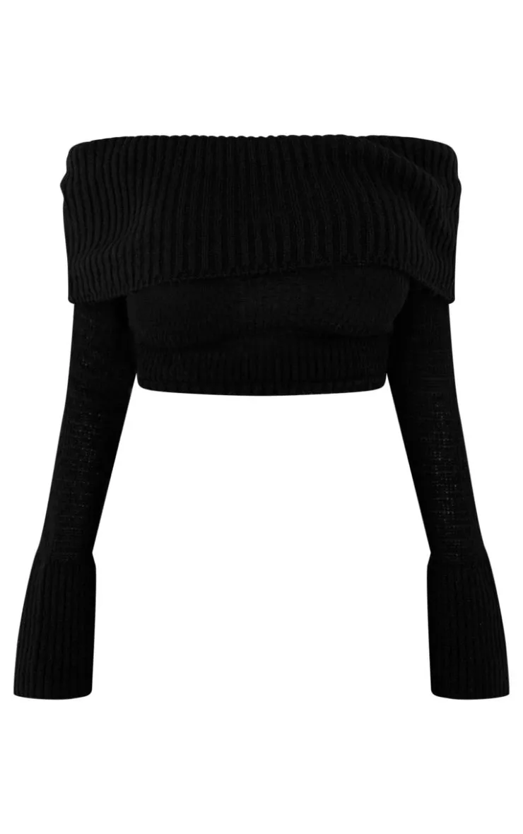 Online PrettyLittleThing Shape Fold Over Rib Knit Dipped Hem Top Black