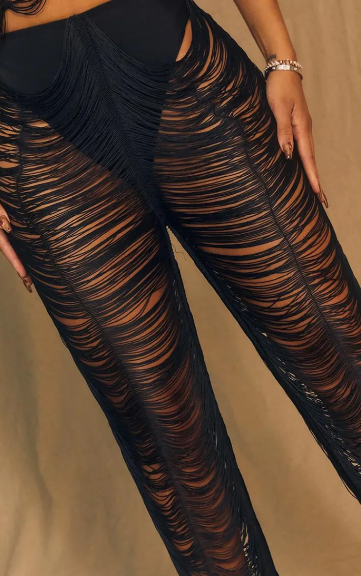 Hot PrettyLittleThing Shape Fringe Pants Black