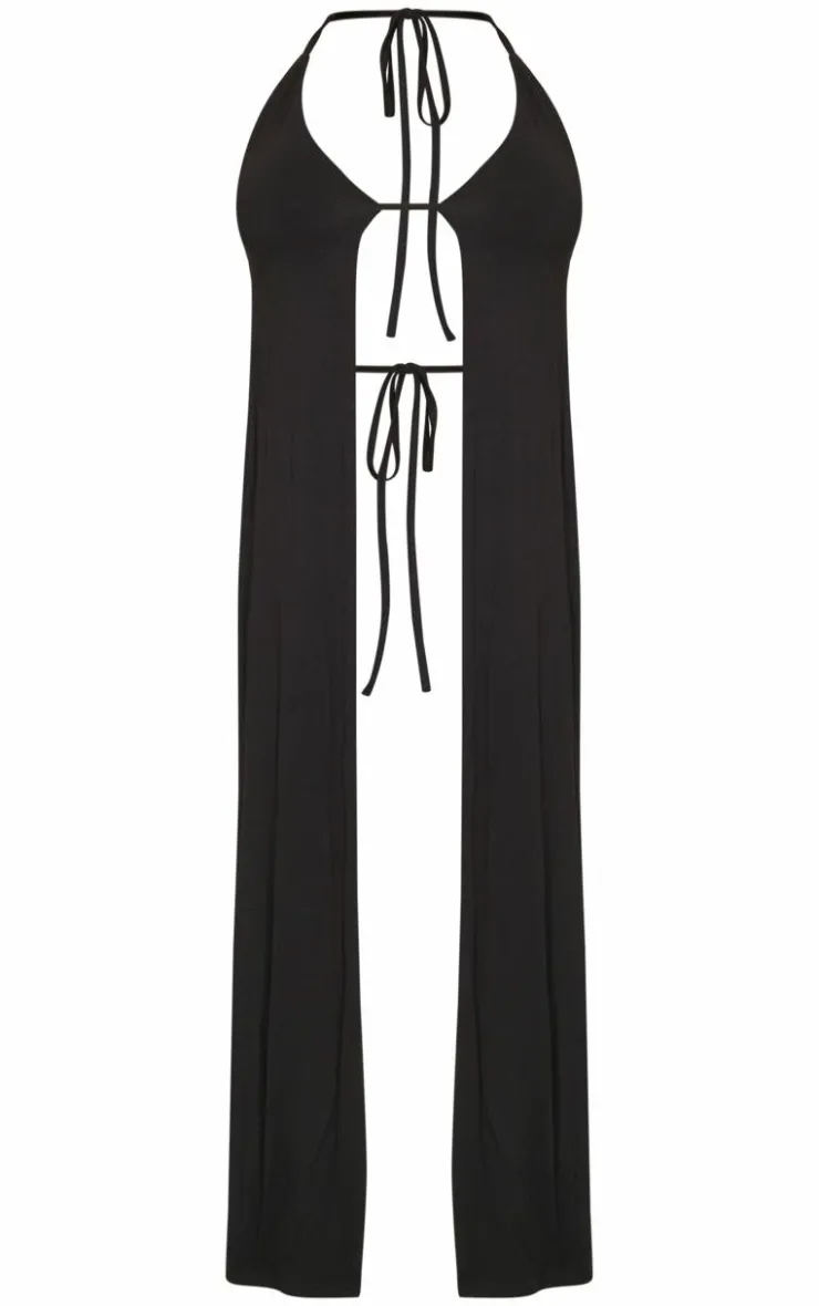 Outlet PrettyLittleThing Shape Jersey Strappy Halterneck Long Top Black